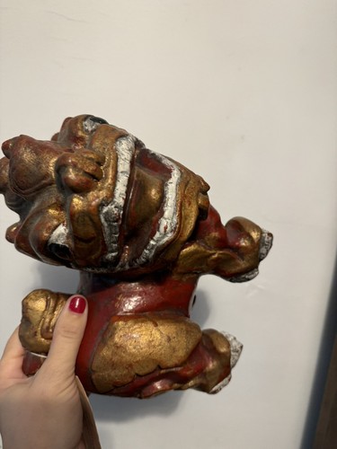 Coppia di statue cane foo guardiano tailandese in legno intagliato vintage - Foto 21 di 23