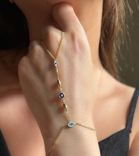 14K Solid Gold Evil Eye Hand Chain Bracelet For Women Gift For Mom
