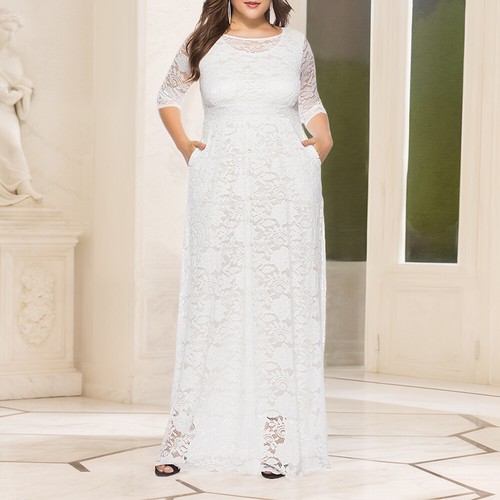 Oversized Plus Size Women Lace Long Dress Party Evening Cocktail Wedding Dress - Picture 12 of 24