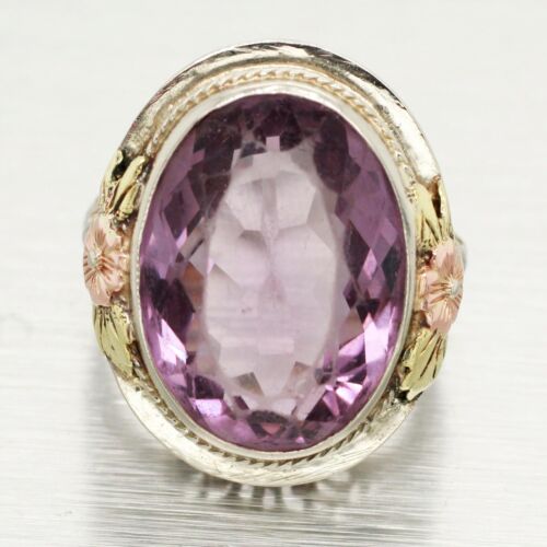 Antique Art Deco Amethyst Cocktail Ring | 14k Tri-Tone Gold Flower Filigree - Picture 1 of 5