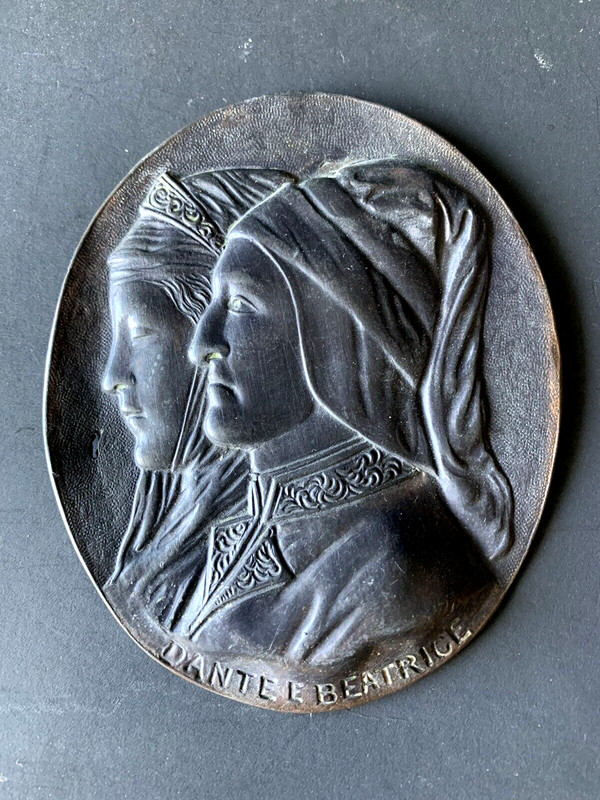 DANTE E BEATRICE PROFILES PORTRAITS OLD BRONZE METAL WALL PLAQUE ORNAMENT