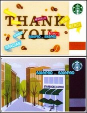 2x STARBUCKS 2012 2015 THANK YOU MERCI STORE FRONT COLLECTIBLE GIFT CARD LOT