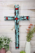 22"H Rustic Western Distressed Wood Turquoise Barbed Wires Red Gems Wall Cross