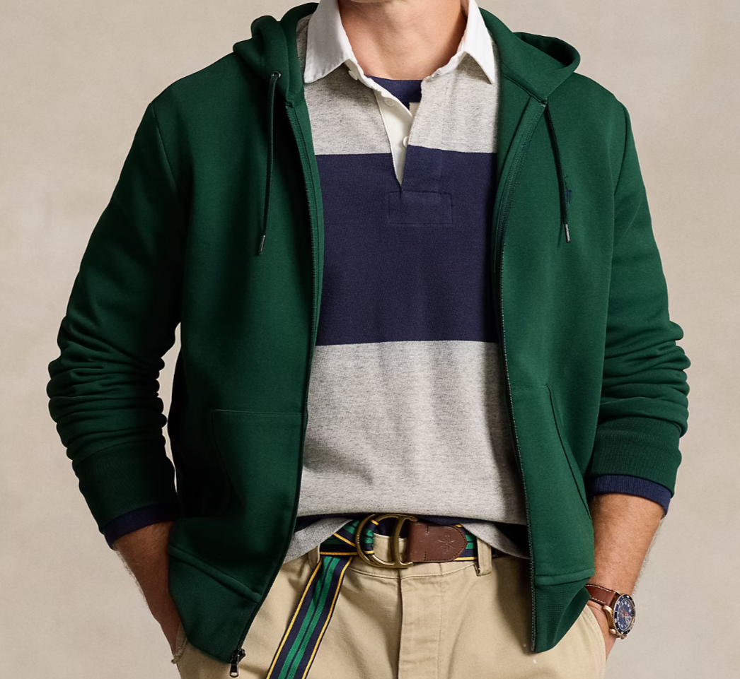 Polo Ralph Lauren nuova con etichette verde pino doppia maglia full zip felpa con cappuccio uomo 2XB NAVY PONY