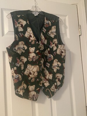 Vintage White Stag Womens XL Green Teddy Bear Tapestry Christmas Vest