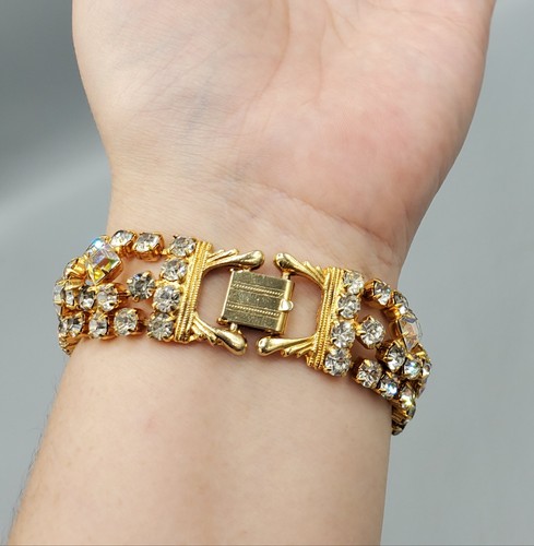 "Brazalete de eslabones anchos de diamantes de imitación Chaton cuadrado AB y años 50 sin firmar 7,25""" - Imagen 8 de 10