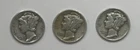 1942 10C Silver Mercury Dime Lot Of 3 Coins D,S,Philly Mints