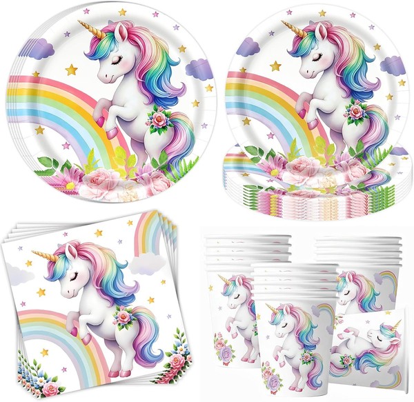 Einhorn Partygeschirr Set FüR 16 GäSte Teller Servietten Becher Kindergeburtstag-image
