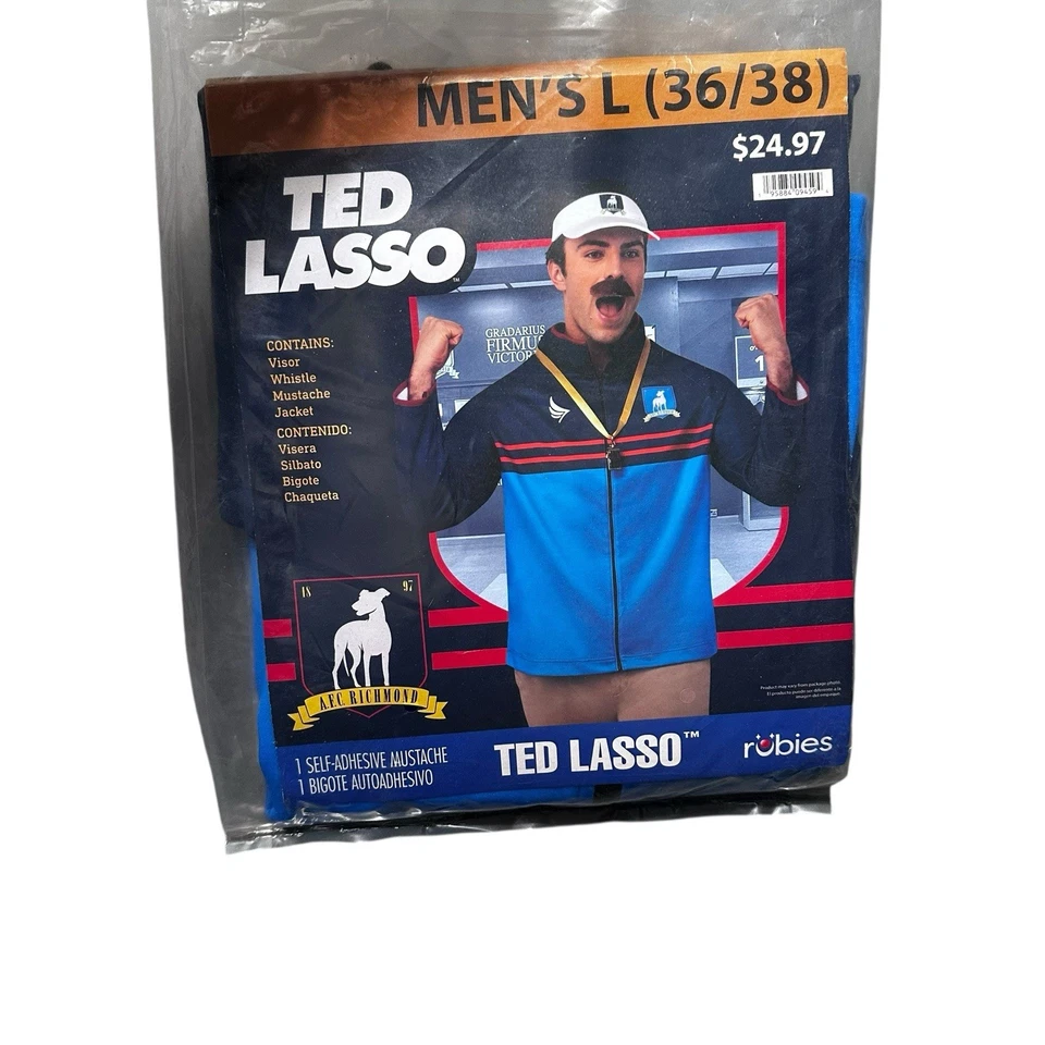 Disfraz Ted Lasso L 36/38 Richmond Chaqueta de Fútbol Visera Silbato Bigote Nuevo Foto 3 de 4