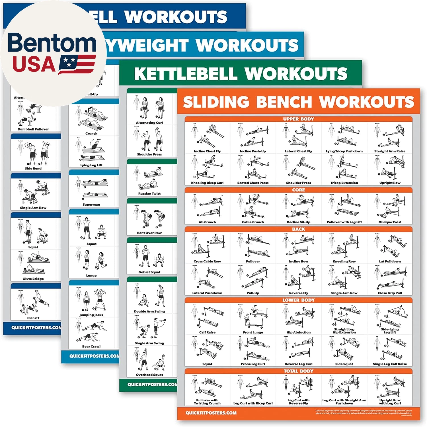 4 Pack - Dumbbell + Bodyweight + Kettlebell Workouts - Sliding Bench - Set of 4