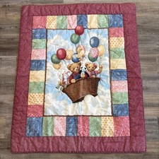 VTG 90 s Blue Jean Teddy Bear Baby Blanket Quilt Crib Nursery Air Balloon 43x52"