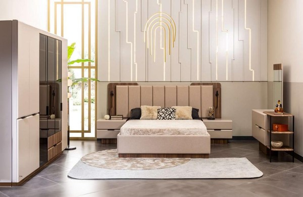 Doppelbett Garnitur Nachttische Beige Stoff 5Tlg Schmink Schrank Bett-image