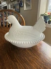 Vintage Indiana Milk Glass Hen on Nest Beaded Edge Covered Dish 7" x 5 1/2"