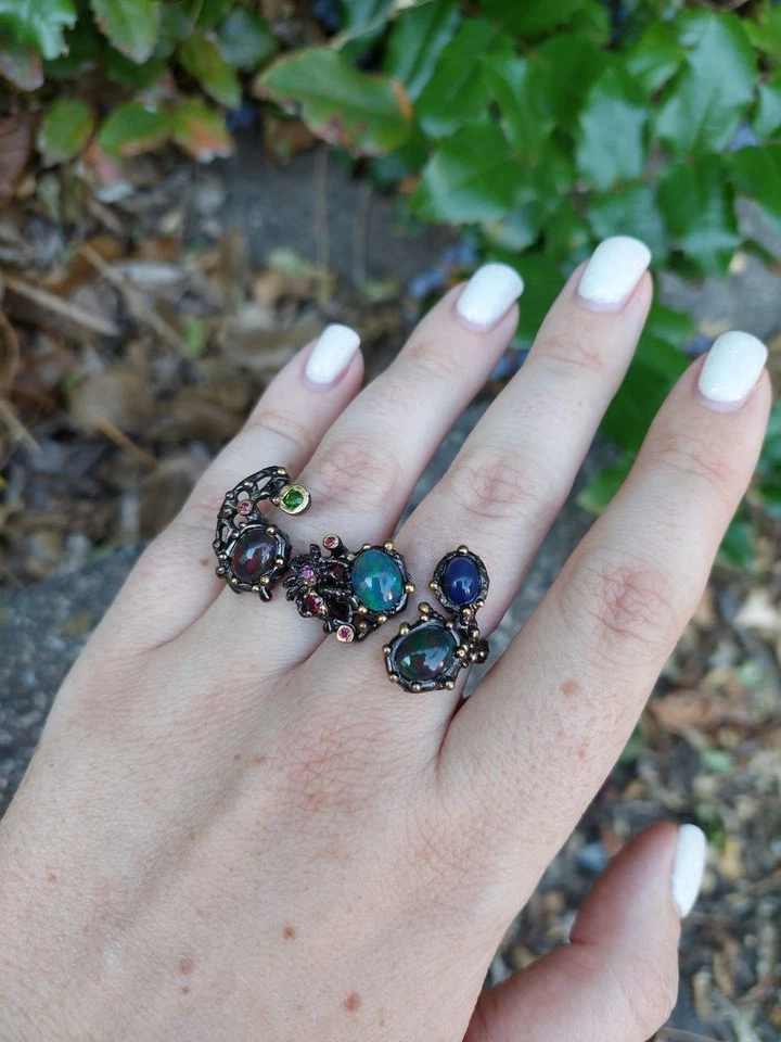 Einzigartiger Zweifingerring 925 Silber mit schwarzen Opal, Granat, Peridot - Bild 4 von 4