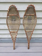 Beautiful Old Wooden Vintage Snowshoes Fine Indian Pompoms Handmade 33" x 10"