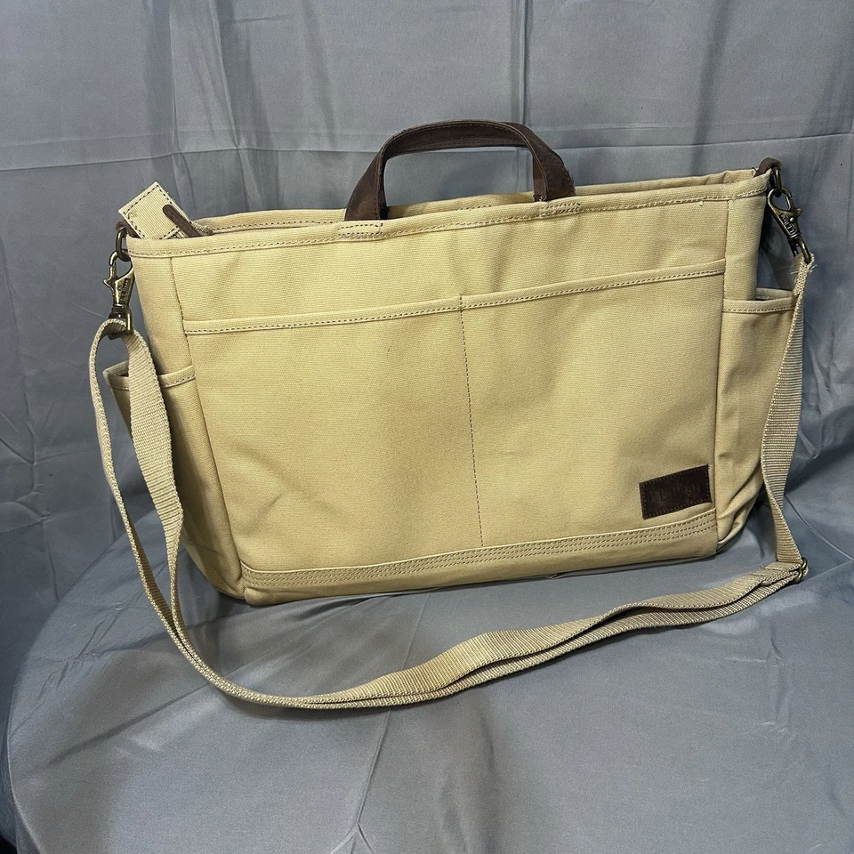 Bolsa de trabajo de transporte diario L. L. Bean Stonington, maletín de lona tostada, ribete de cuero Foto 3 de 4