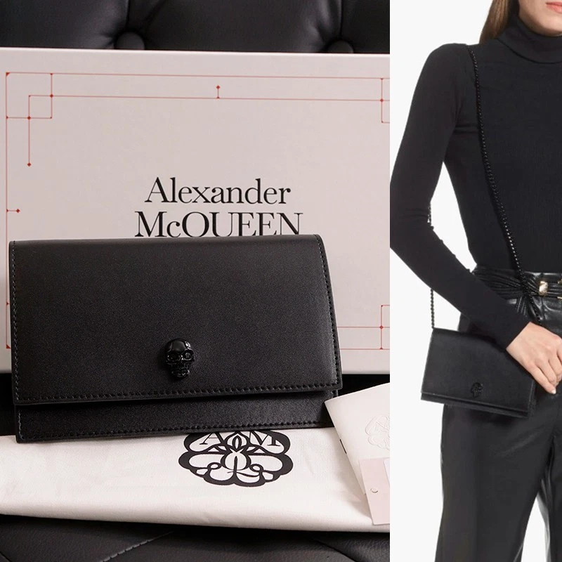Alexander McQueen — NEW $1190 ALEXANDER MCQUEEN Black Leather TONAL LOGO CRYSTAL SKULL Chain BAG NIB