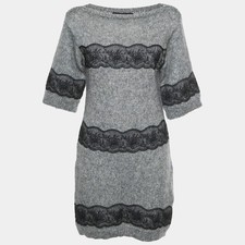 Dolce Gabbana Grey Wool Blend Rib Knit Lace Trim Mini Dress S
