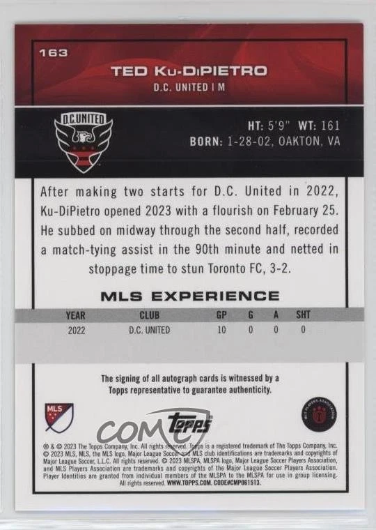 2023 Topps MLS Gold Foil Auto /50 Ted Ku-DiPietro #163 Auto - Image 2 of 2