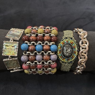 Lot 4 Boho Statement Bracelets Abalone Shell Beaded Cuff Chain Artisan Stack