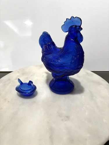Cobalt Blue Glass Depression Style Rooster Candy Dish Salt Dish Hen in Nest Bowl