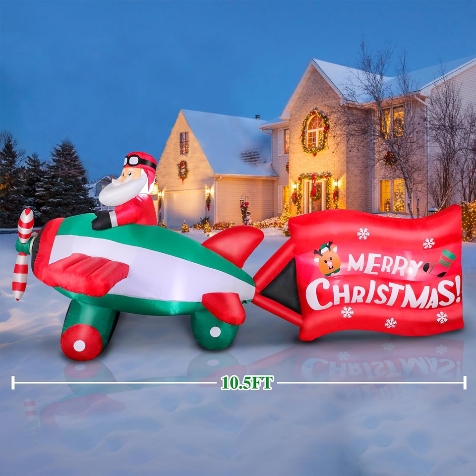 10.5 FT Christmas Inflatables Santa Claus on Animated Helicopter, Blow