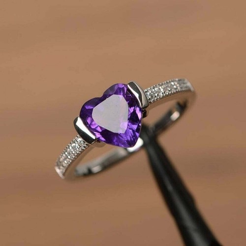1.60Ct Lab Created Amethyst Heart Women's Solitaire Ring 14K White Gold Plated - Picture 5 of 9