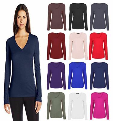 Neu schlichtes langärmliges lässiges Damen-T-Shirt Jersey dehnbar V-Ausschnitt Basic Oberteil