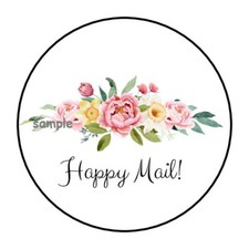 30 HAPPY MAIL ENVELOPE SEALS LABELS STICKERS 1.5" ROUND FLORAL FLOWERS