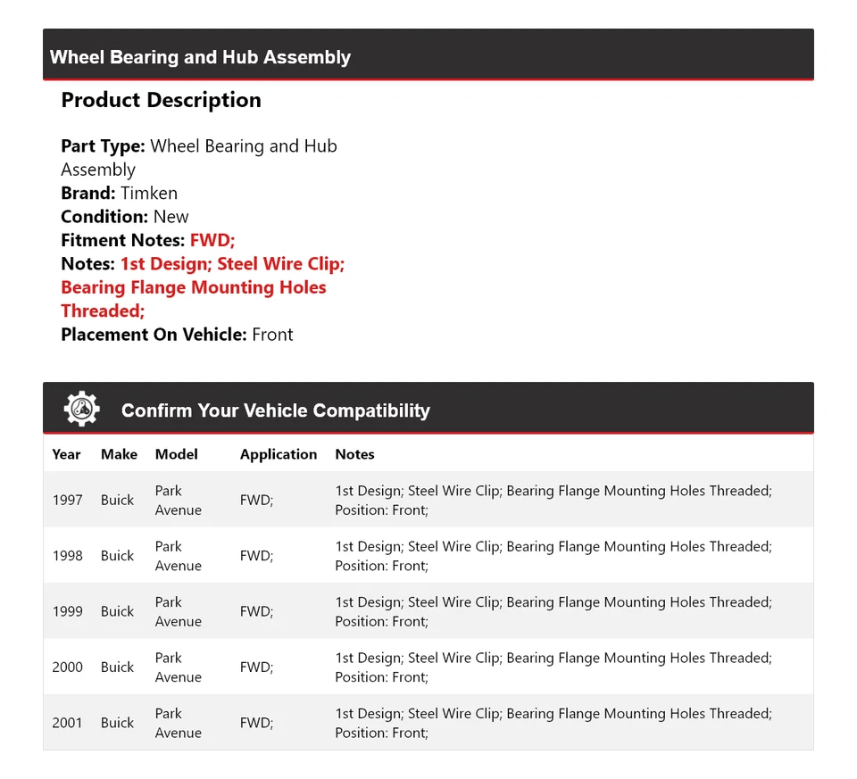 Conjunto de cojinete de rueda y buje delantero Timken para Buick Park Avenue 1997-2001 tracción delantera Foto 2 de 4