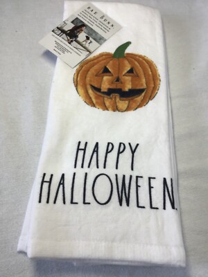 RAE DUNN KITCHEN TOWELS (2) HAPPY HALLOWEEN JACK O LANTERN 18 X 28 NWT