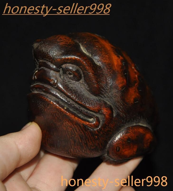 3.4'' Old China Bamboo root wood Carved Feng Shui wealth frog