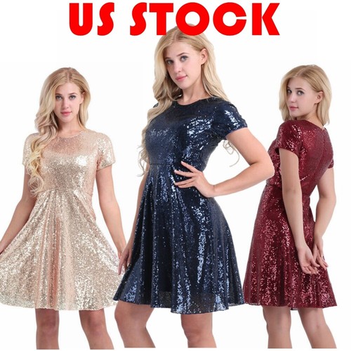 Womens Shiny Sequins Short Sleeve Cocktail Dress Pleated A Line Evening Dresses Ebay