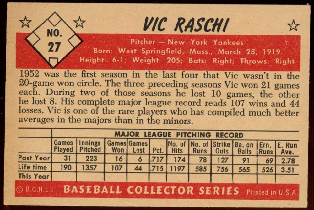1953 Bowman Color #27 Vic Raschi EX-MT w/Tape Yankees 73619 | eBay