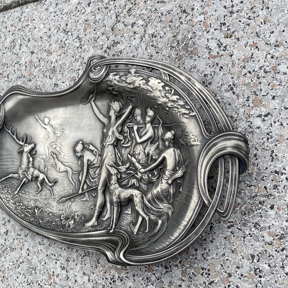 WMF Art Nouveau Jugendstil Jagdgöttin Diana Jagdszene Tablett Wandteller Antik - Bild 4 von 4