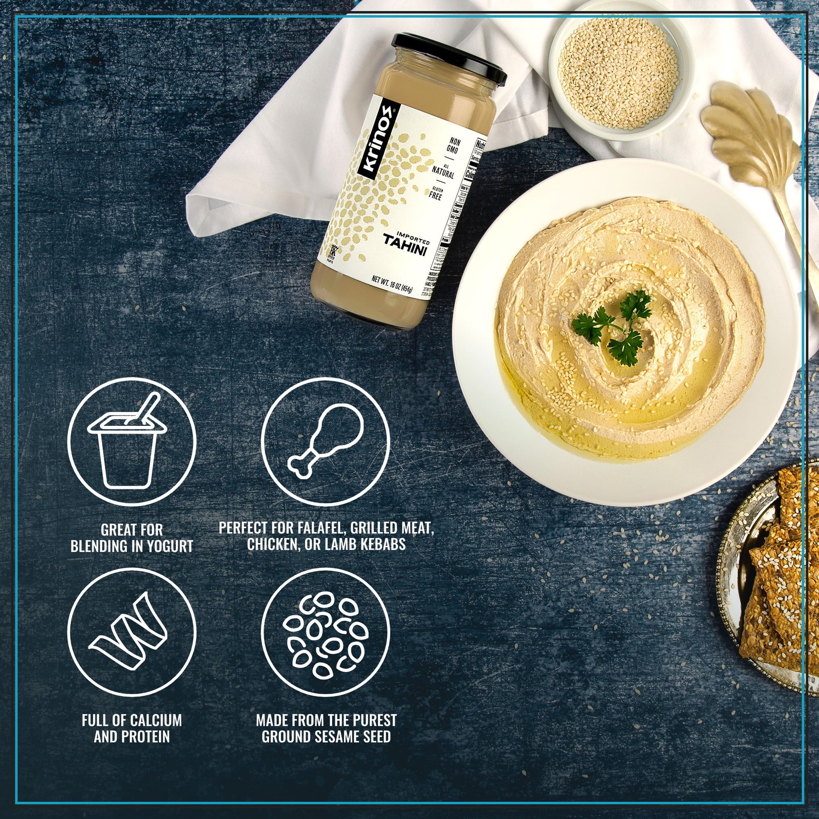 Krinos Imported Sesame Tahini (16 oz) - High in Protein, Nutritional Powerhouse