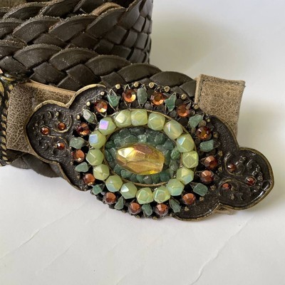 Vintage LeatheRock USA Jeweled Woven Leather Belt Stone  display picture 1
