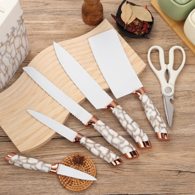 7-Piece Chef Knife Set, White and Gold, with Built-in Sharpener and Marble Base