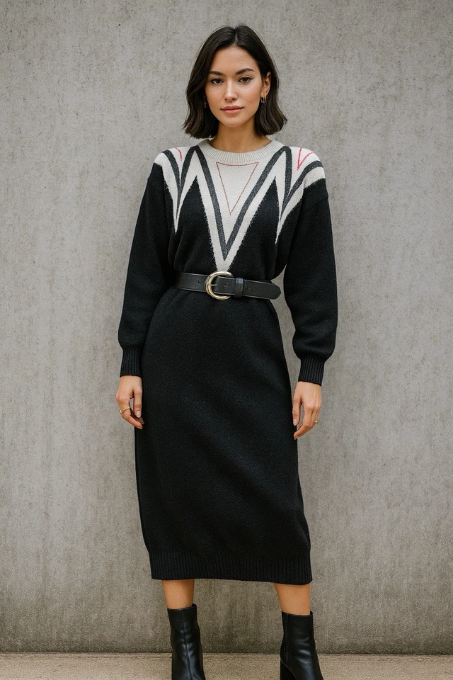 Vestido Suéter Negro Años 80 De Colección Cuello Triángulo Tejido Geométrico Retro Dolman Túnica Foto 3 de 4