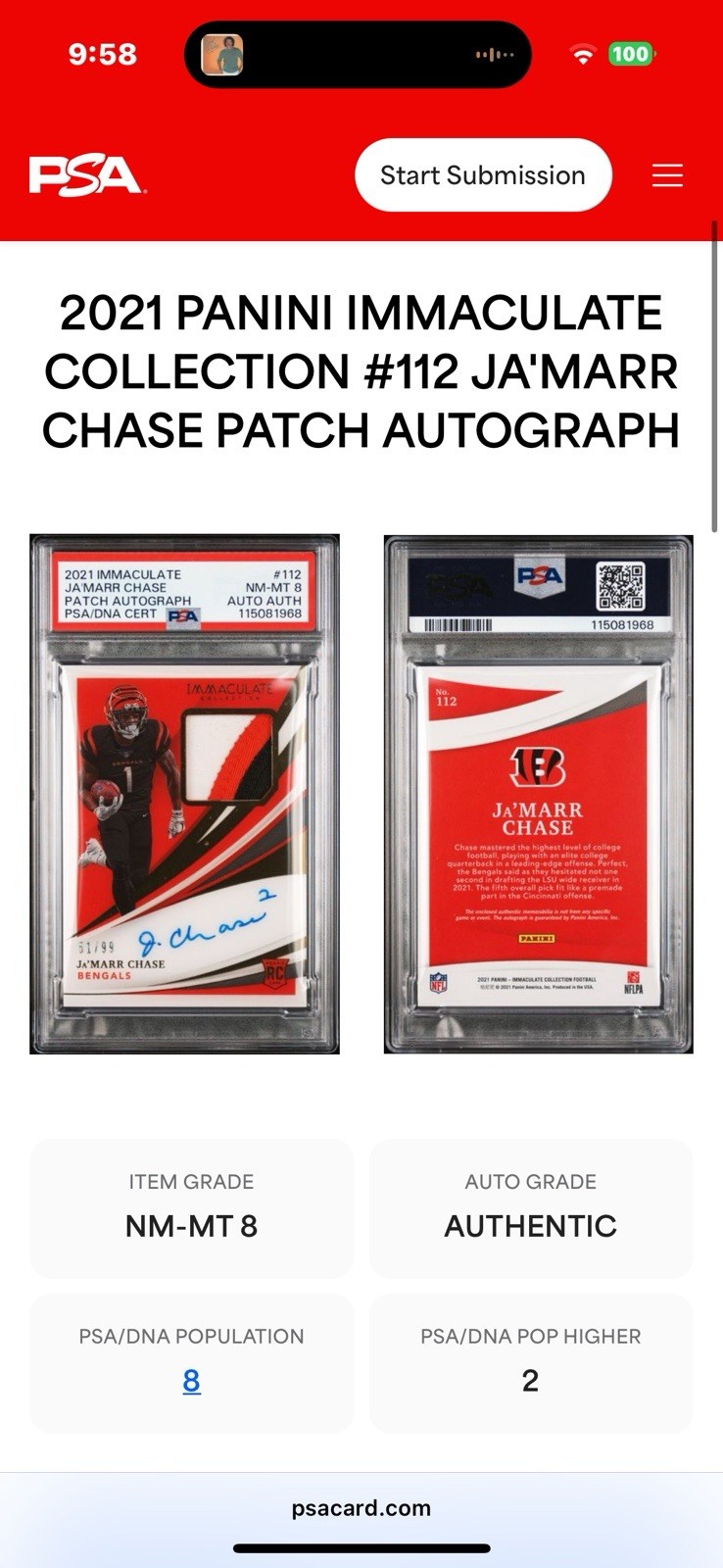 2021 Immaculate Ja'Marr Chase RC RPA 3 Color Patch /99 PSA 8 Auth Auto Rare view 3