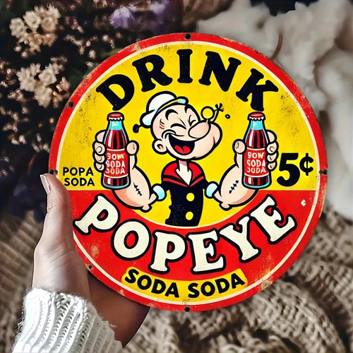 1pc Popeye Soda Tin Metal Signs - 1929 Vintage Aluminum, 8x8 inches, Retro Drink