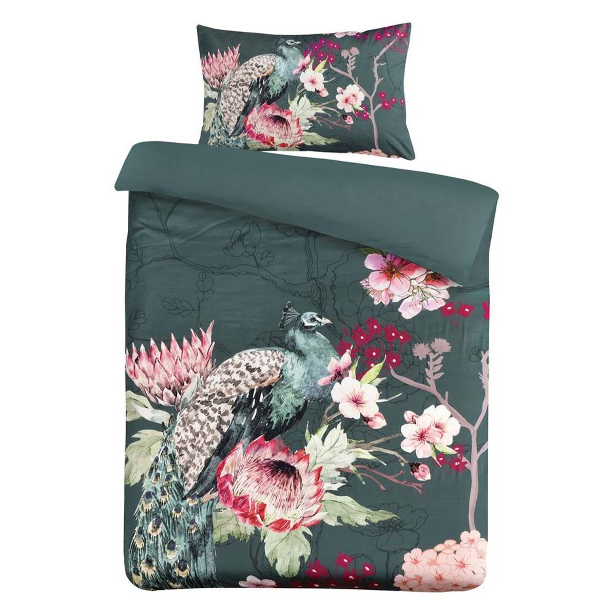 Parure de lit Blossom vert 140x200 avec 2 pièces en coton lavé pour lit une place