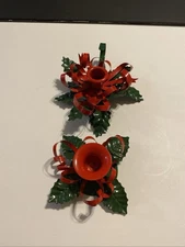 Set of 2 Red Green Metallic Christmas Holly Ribbon Taper Candleholders