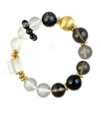 Natural Crystal Beaded Bracelet Smoky Clear Silver Obsidian Gold Tone Gift