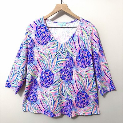 Anthony s Resort Wear Tropical V-Neck Top Purple Pineapple Print Size 1X
