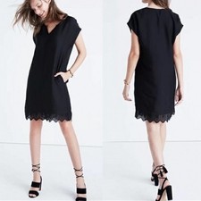 Madewell Duskway Eyelet Shift Dress Black F6974 Small Lace Hem Pocket Mini