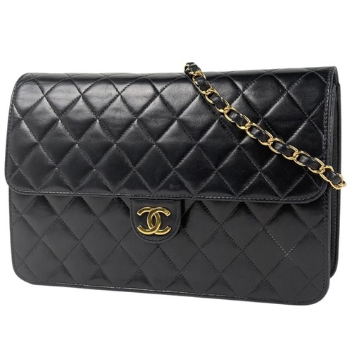 Chanel Matelasse Single Flap Chain Shoulder Bag Coco Mark Leather Black Ladies U