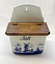 Inge Delft Blue Salt Crock Windmill Made In Germany Wood Lid Wall Hanging Cellar