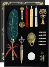 Quill Pen and Ink Set - Feather Calligraphy Dip Pen with Wax Seal Stamp Kit and
