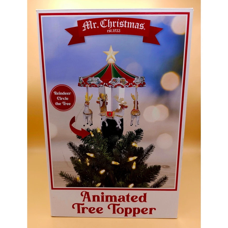 Mr Christmas Carrusel Animado Reno Árbol Topper LED Estrella Enchufe Gira Foto 2 de 4